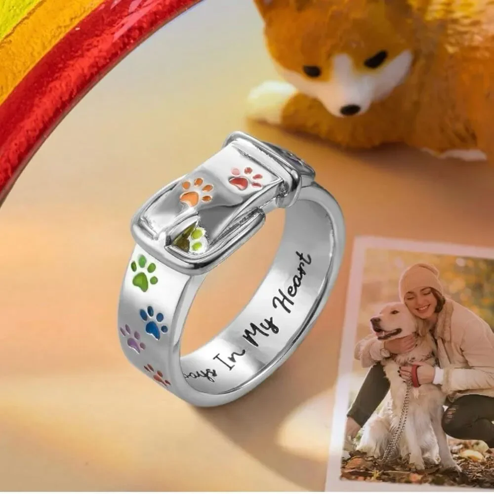NWT Pet Collar Ring Sz 10/ Rainbow Dog Cat Paw Print engraved Always in my Heart